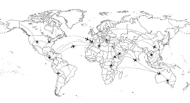 Global travel network map illustration showcasing international flight paths, airplane icons, transportation, and worldwide connectivity.