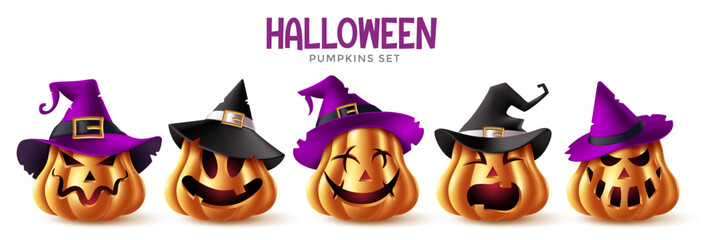 Halloween banner, poster, greeting card and cover design with carved pumpkins, witch hats, bats and spooky typography on white background in cute cartoon holiday style. © Larisa