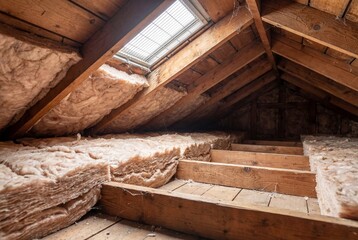 Unfinished wooden attic interior with fiberglass insulation and skylight