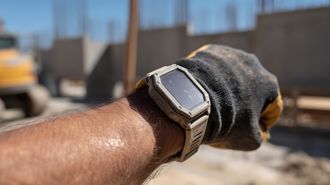 Close-up of a construction worker's arm with a rugged timepiece on a sunny outdoor job site, showing sweat and dirt on skin and glove