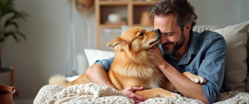 Documenting charming encounters of dad with pet in relaxed settings that embody loyal companionship and unconditional affection within a warm family environment in  Photo Stock  Concept  and empty spa