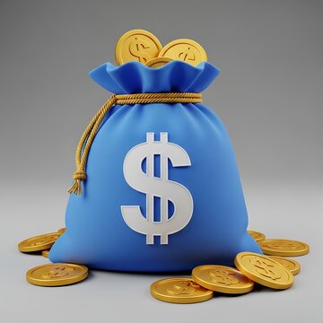 A blue bag of money with gold coins spilling out
