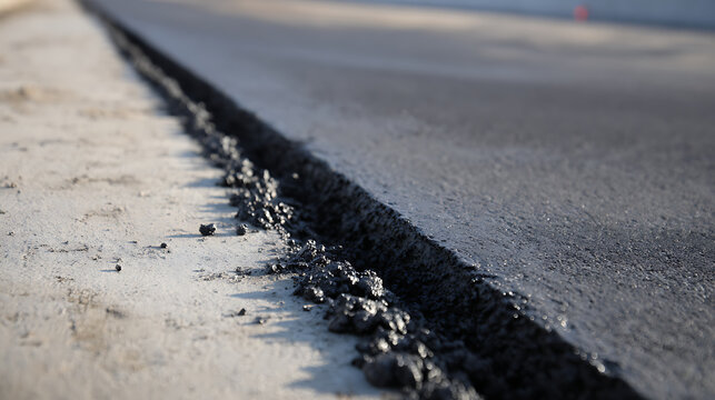 Freshly laid blacktop road edge during construction, showing new asphalt meet old concrete, ready for smooth travel and urban development