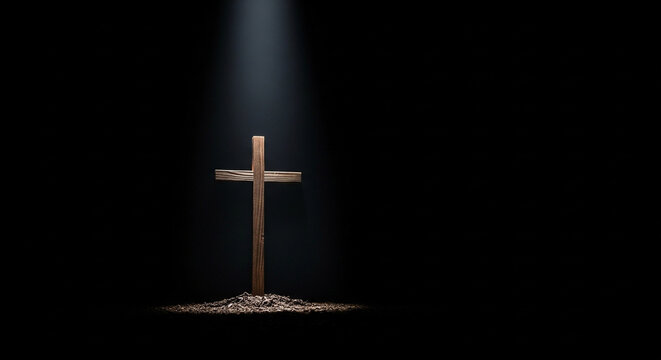 Dramatic wooden cross with divine light beam in dark atmosphere for spiritual themes