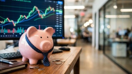 Obraz premium Piggy bank with a tie on a wooden desk in a modern blurred office background with stock trading monitors. Professional banking, corporate savings, and wealth management commercial concept.