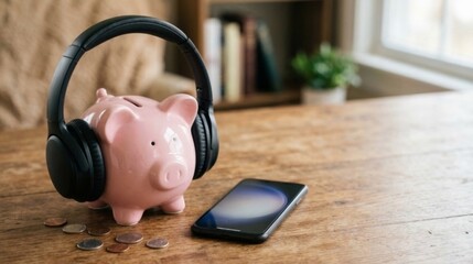 Pink piggy bank wearing large wireless headphones next to smartphone and coins. Commercial concept of music industry earnings, audio book costs, and digital subscription management.