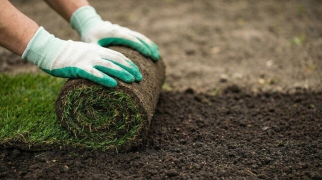 Professional gardener hands in gloves installing new sod for lawn. Landscaping service, turf rolls installation, backyard renovation, garden improvement and green grass carpeting process.