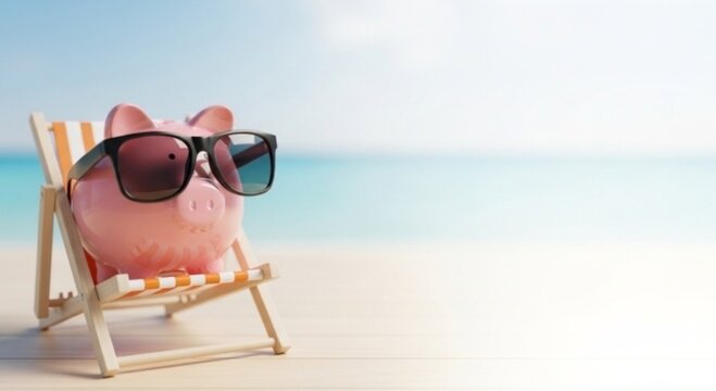 Pink piggy bank wearing sunglasses sitting on a beach chair against a tropical ocean background. Creative concept for travel savings, cheap flights, and summer holiday budget.