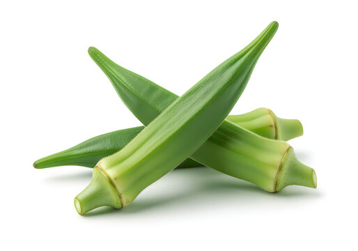 Three fresh vibrant green okra pods arranged on a clean white background for food photography