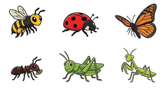 A cheerful set of six common insects in a friendly cartoon style. Perfect for children's books, educational posters, or fun graphic design.