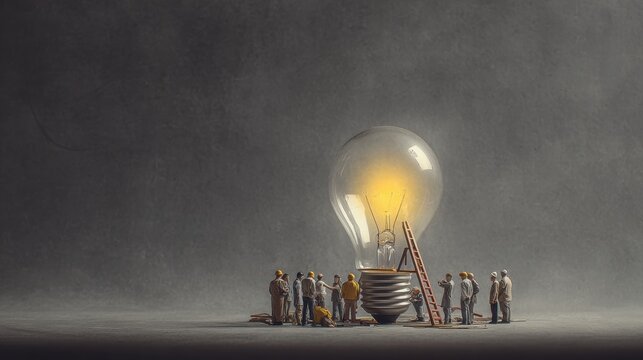 Miniature workers collaborate on a giant illuminated light bulb