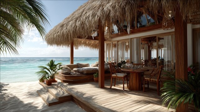 Luxurious beachfront resort structure features thatched roofing and outdoor dining areas overlooking turquoise water