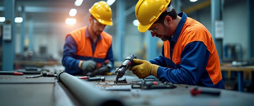 Fixing day dynamic photographic scene capturing practical repair activities vibrant energy on site maintenance professionals employing quality equipment precision methodology industrial workspace ambi