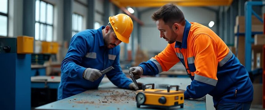 Fixing day dynamic photographic scene capturing practical repair activities vibrant energy on site maintenance professionals employing quality equipment precision methodology industrial workspace ambi