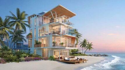 Fototapeta premium Modern beachfront condominium building features large glass walls and lush tropical landscaping at sunset