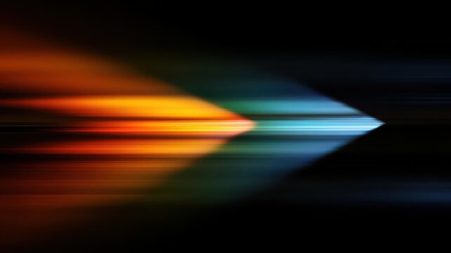 Abstract motion blur streaks in orange and blue forming a right-pointing arrow on a black background Generative AI