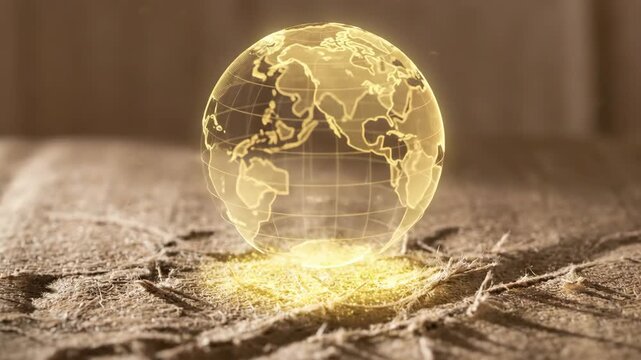 Holographic earth globe glowing above wooden surface. Wireframe planet visualization materializing in sequence. Futuristic digital world representation and global connectivity concept.