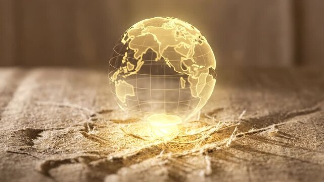 Glowing golden earth globe on wooden surface. Holographic world visualization emerging with radiant light. Global planet concept for environmental awareness.