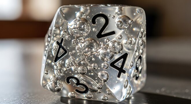 Close-up of a clear, bubble-filled six-sided die, showing numbers, sitting on a surface
