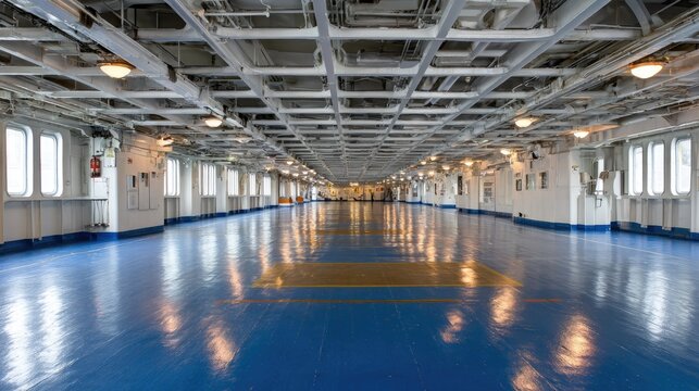 Expansive interior deck space on a large watercraft features a highly polished blue floor and white structural ceiling.