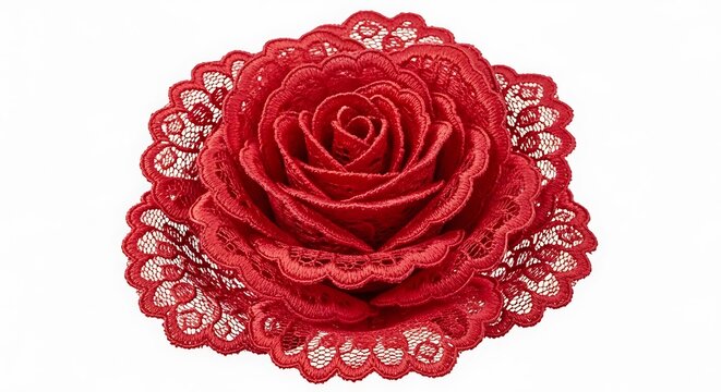 Close-up of a meticulously crafted, vibrant red lace rose against a stark white backdrop