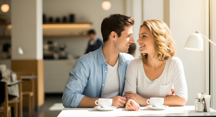 Fototapeta premium Young couple sharing a loving moment and enjoying coffee together inside a bright cafe. 