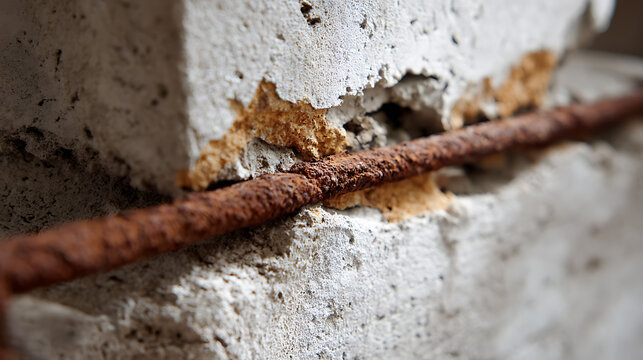 Close-up of a weathered, textured concrete wall with a rusty rebar emerging, showcasing decay and age in an urban or industrial setting