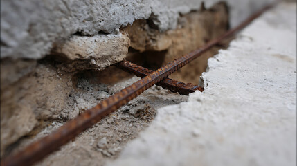 Fototapeta premium Close-up of Rusted Rebar and Concrete Damage: Industrial Deterioration and Structural Weakness in Grungy, Textured Background Material