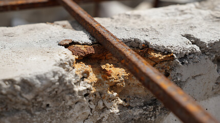 Close-up of weathered concrete structure with exposed rebar, show rust corrosion and damage due to time and neglect, outdoor, bright day