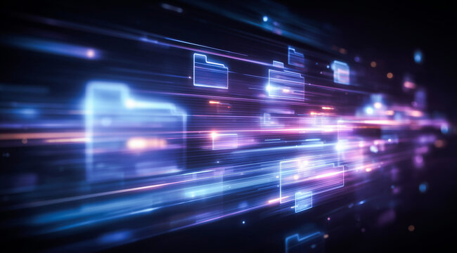 Flying digital translucent file folders and data streams in a dark blue environment representing cloud storage and information retrieval