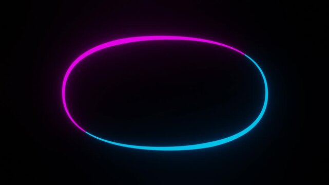 glowing cyan pink neon light oval shape rotating seamless loop on dark black background