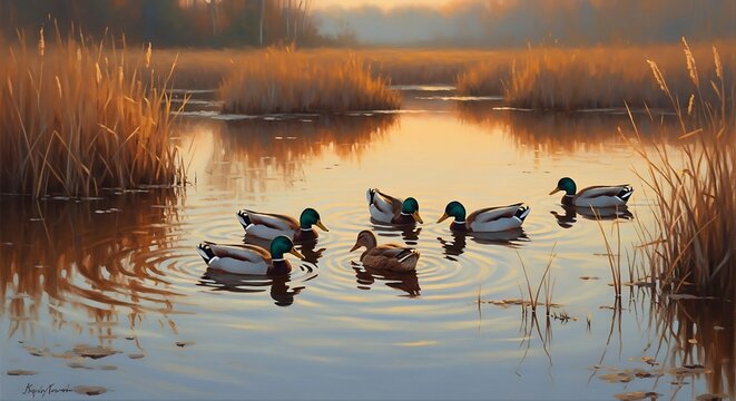 A serene flock of mallard ducks gracefully swimming in a tranquil marsh at sunrise.