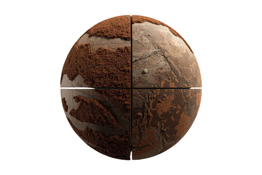 Mars planet material study comparing various planetary terrains and textures, creating a scientific surface globe concept