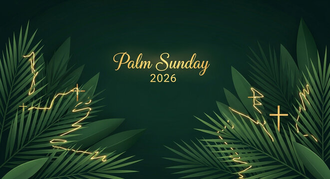 Palm Sunday 2026 celebration with golden palm leaves and religious cross symbols on dark background