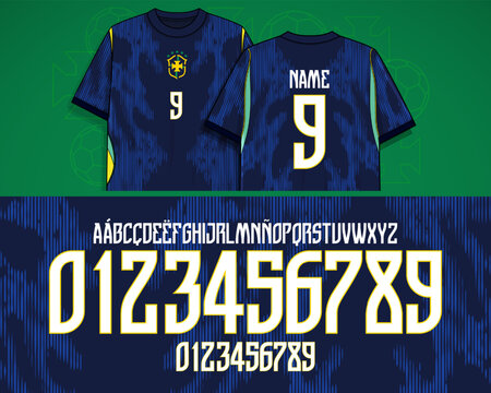 brazil font, brazil soccer, Athletic number and lettering system with sharp vertical rhythm and condensed geometry, designed for modern football jerseys, sports graphics, performance apparel, branding