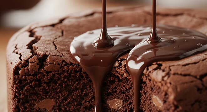 Chocolate cake with melting chocolate icing.