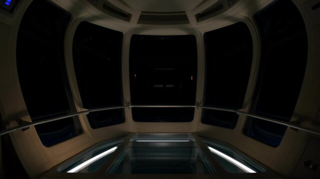 Futuristic spacecraft cockpit interior viewpoint looking out through panoramic curved windows at the changing view from bright blue sky to deep space night.