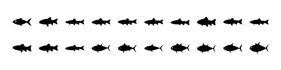 Naklejka premium Fish Silhouette Icon Set with Different Species - Black silhouette icons of various fish species in side view, suitable for fishing themes, marine life graphics, seafood design, and aquatic education.