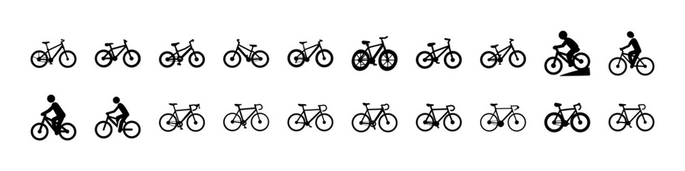 Fototapeta premium Cyclist Riding Positions Bicycle Silhouette Icon Set - Black silhouette icon set showing bicycles and cyclists riding in different positions and styles, useful for cycling sport, transport, and motion