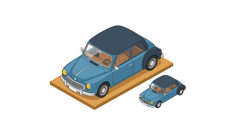 Fototapeta premium Detailed Isometric Illustration of a Classic Blue Vintage Automobile, Featuring a Retro Car Design for Transportation and Nostalgia Concepts