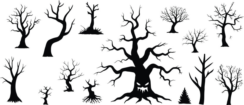 Spooky dead tree silhouette collection, creepy twisted trees set, haunted forest elements, Halloween horror tree shapes, bare branches vector illustration pack