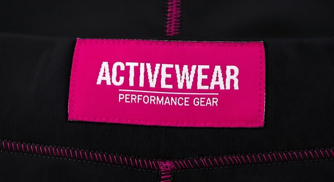Close-up of black activewear pants with a pink tag; text reads "Activewear Performance Gear
