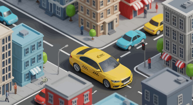 Vibrant isometric urban landscape with a yellow taxi navigating through a busy city street, depicting modern transportation, intricate city planning, and the dynamic flow of metropolitan life