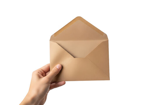 A hand holding an open brown envelope ready to receive mail or a letter isolated on transparent background