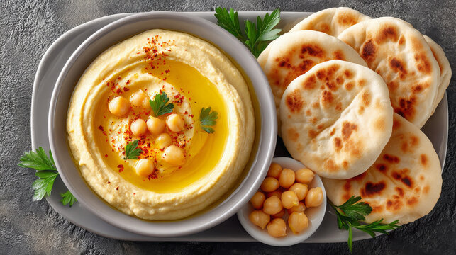 Creamy hummus served with pita bread and chickpeas on plate  