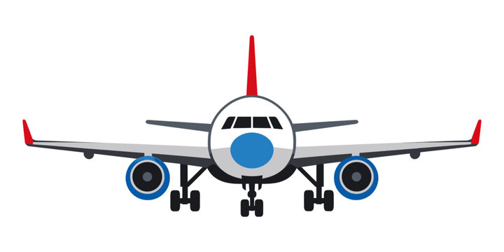 Commercial passenger jet airplane with a front view and landing gear extended, ideal for travel and aviation themes