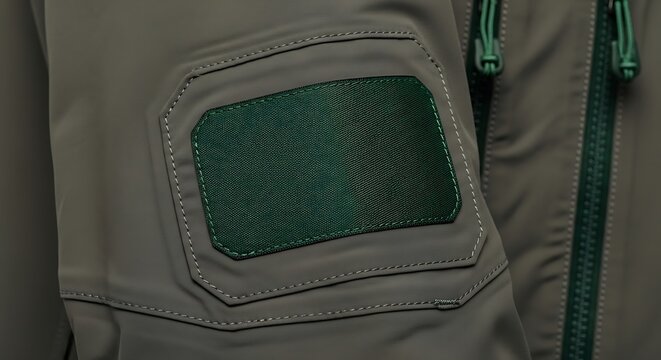 Close-up of olive-green jacket with dark green rectangular patch, stitched detail