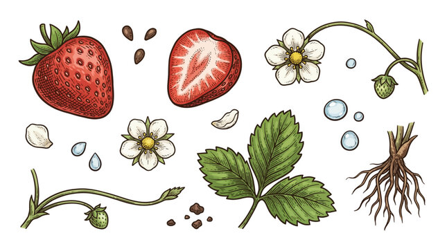 Botanical Vintage Hand-Drawn Strawberry Set with Whole Fruit, Half, Flowers, Leaves, Roots, and Seeds. Engraved Style Vector Illustration for Food Packaging and Natural Design.