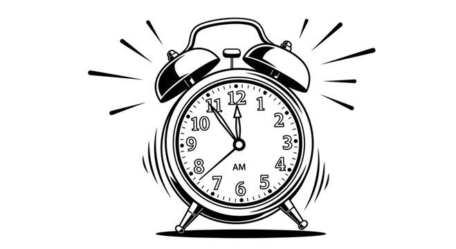 black and white alarm clock ringing at 7am