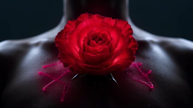 Close up of a red rose on a bare chest as glowing neon liquid slowly forms a mystical geometric pattern around it against a dark background, conceptual and artistic.